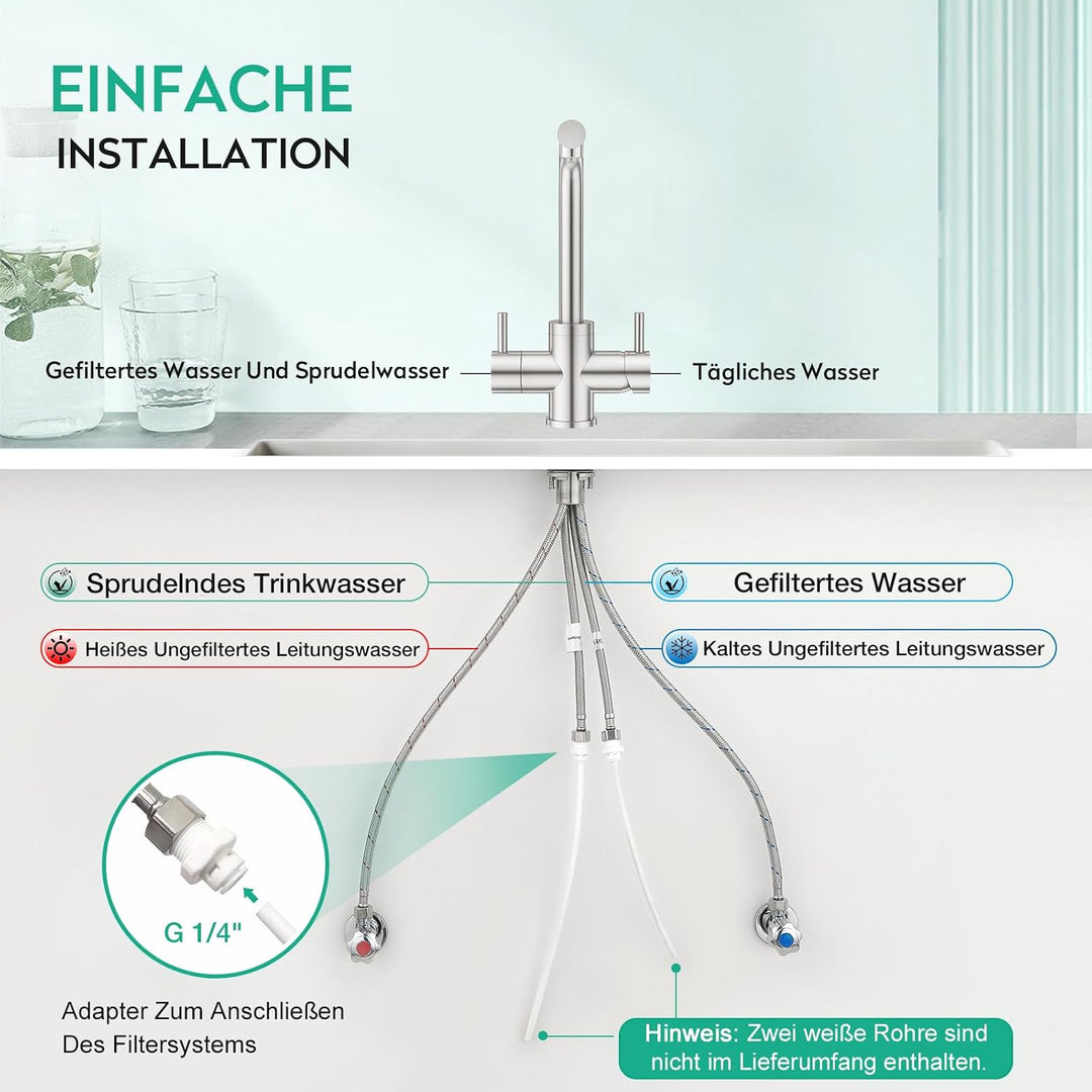 CREA 4 Wege Wasserhahn Küche, Küchenarmatur mit Sodawasser, 360° Drehbar Vier Wege Mischbatterie Küc