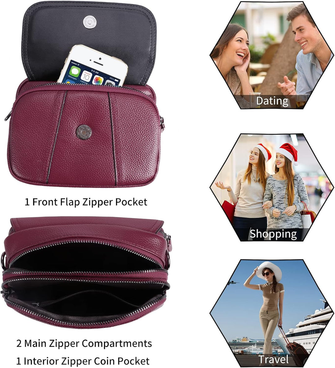 HAWEE Damen Handy Umhängetasche Echtes Leder Crossbody Schultertasche mit 3 Reissverschlüsse Kleine