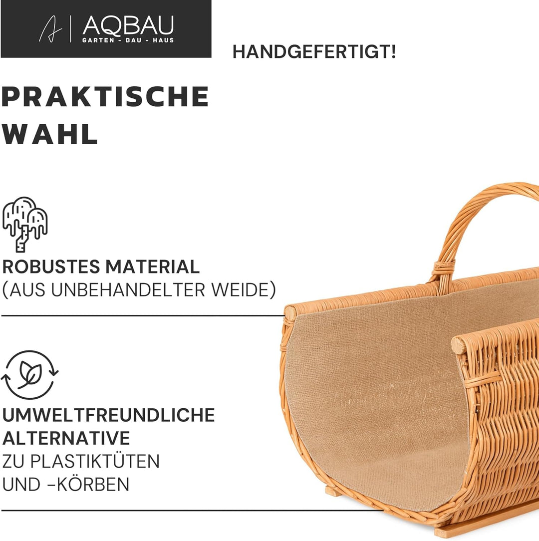 Kaminholzkorb XXL - 60 x 44 cm aus Weide mit Holzleisten und Jute-Einlage – Handgeflochtener Brennho