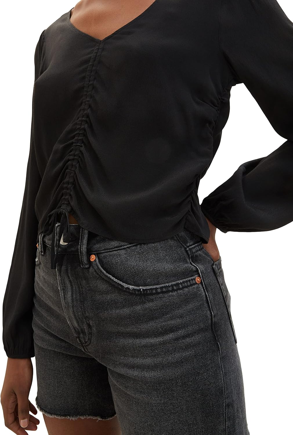 TOM TAILOR Denim Damen Cropped Bluse mit Raffdetail M 14482 - Deep Black, M 14482 - Deep Black