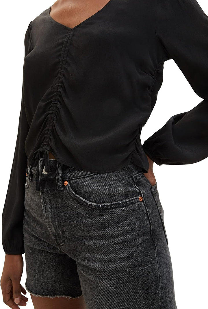 TOM TAILOR Denim Damen Cropped Bluse mit Raffdetail M 14482 - Deep Black, M 14482 - Deep Black