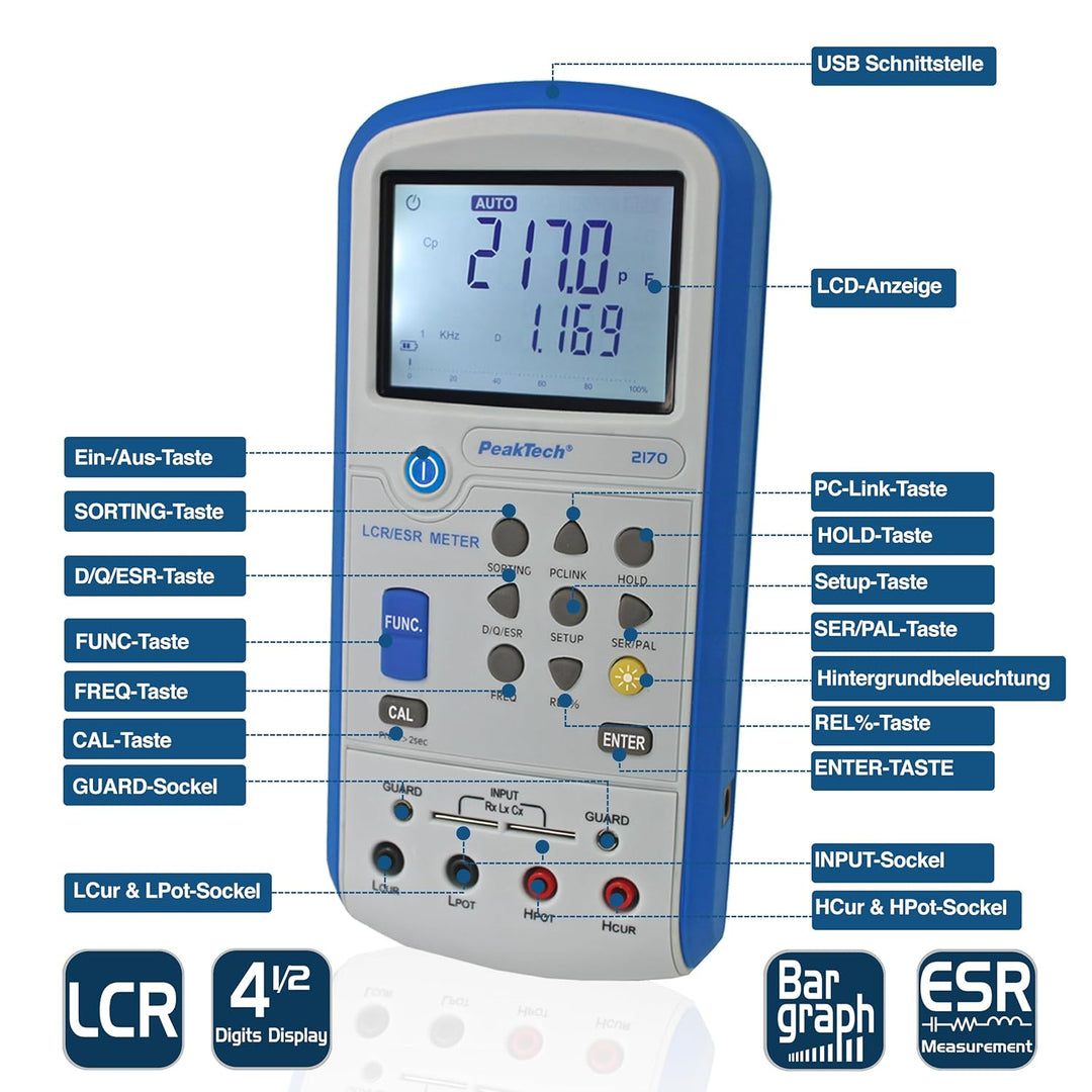 PeakTech 2170 – LCR-Meter, ESR-Messgerät mit USB inkl. Software, LCR Auto-Erkennung, Frequenz 1/120