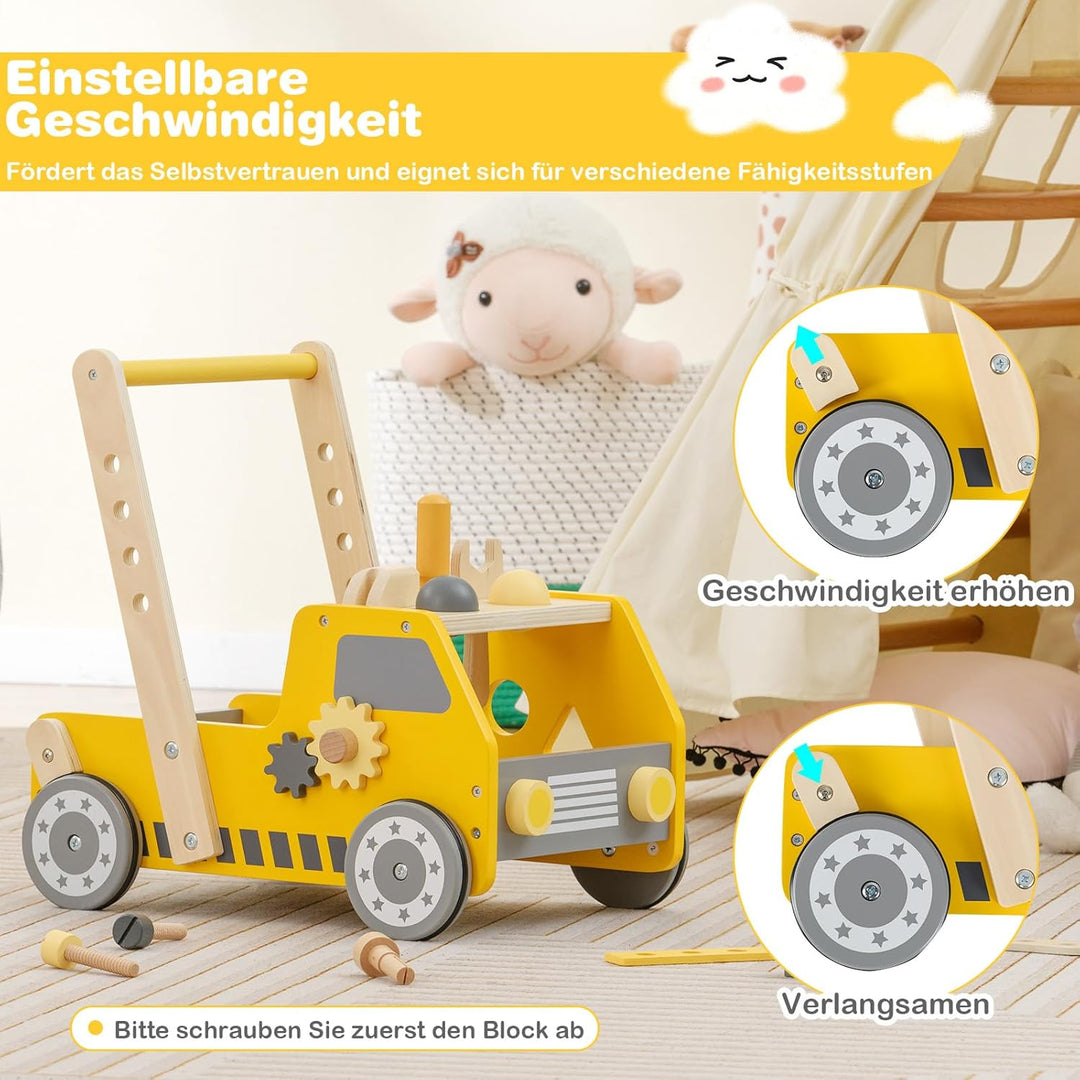 DREAMADE 2 in 1 Lauflernwagen aus Holz, mini-Werkzeugbank mit Rädern, Lauflernhilfe für Mädchen und
