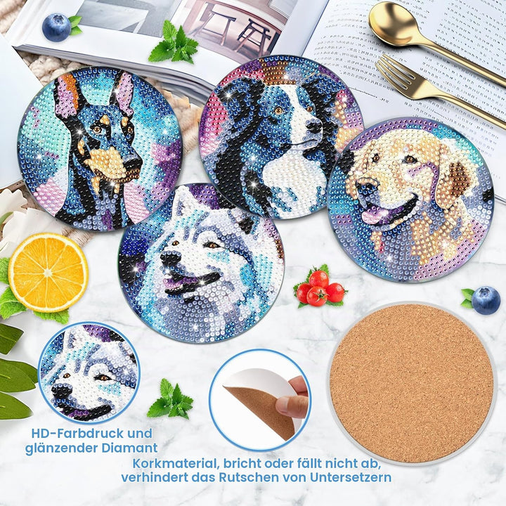 8 STK Diamond Painting Untersetzer Hund mit Halter, Diamond Painting Hund, Diamant Painting Bilder E