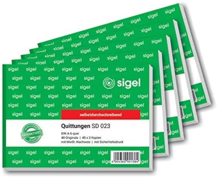 SIGEL SD023/5 Quittungsblock A6 quer, 5 Stück, 3x40 Blatt, selbstdurchschreibend, 5 Stück