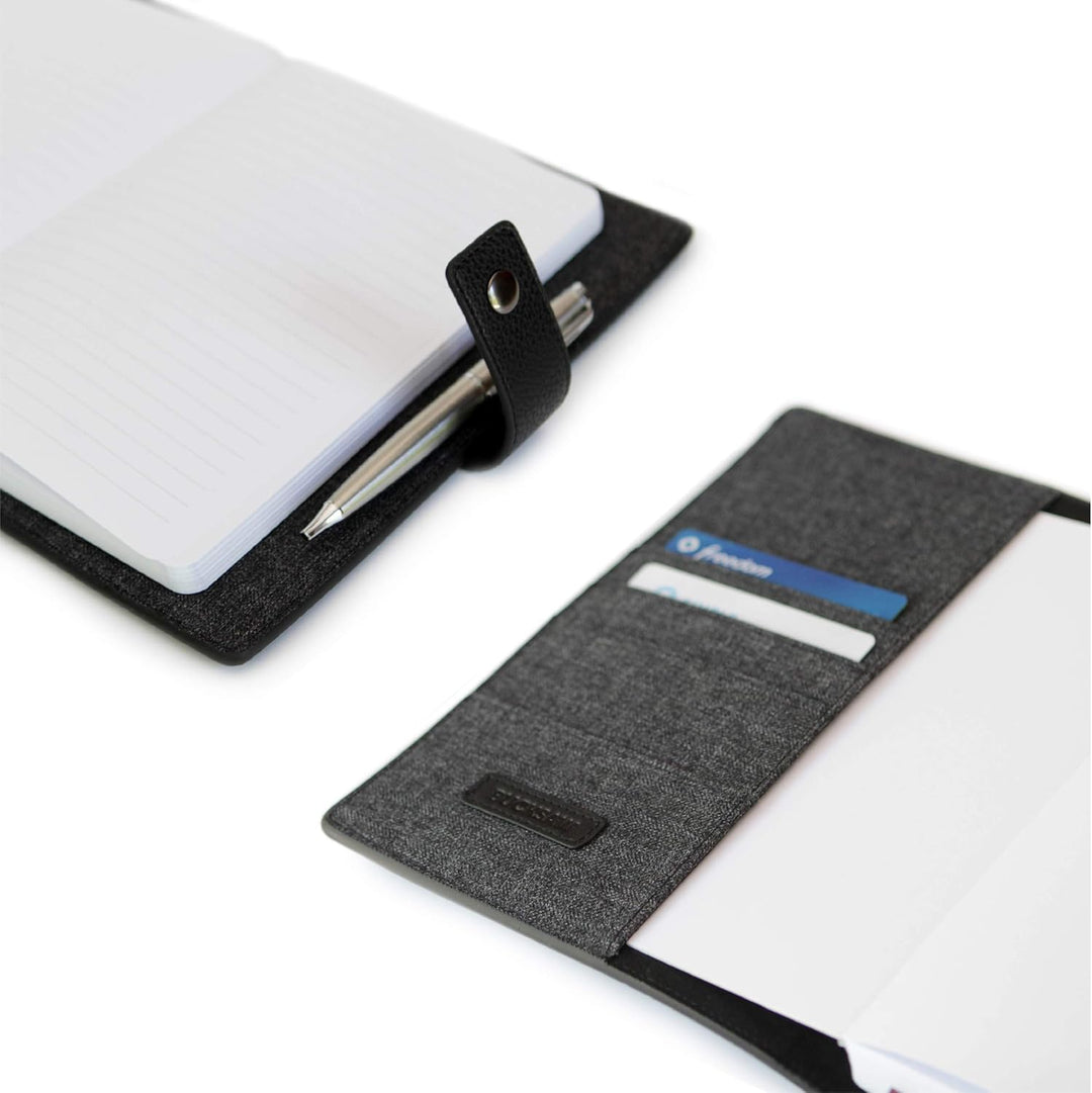 CASE ELEGANCE Nachfüllbares Leder Notizbuch A5. mit Stiftschlaufe, Kartenfächer - Messingverschluss