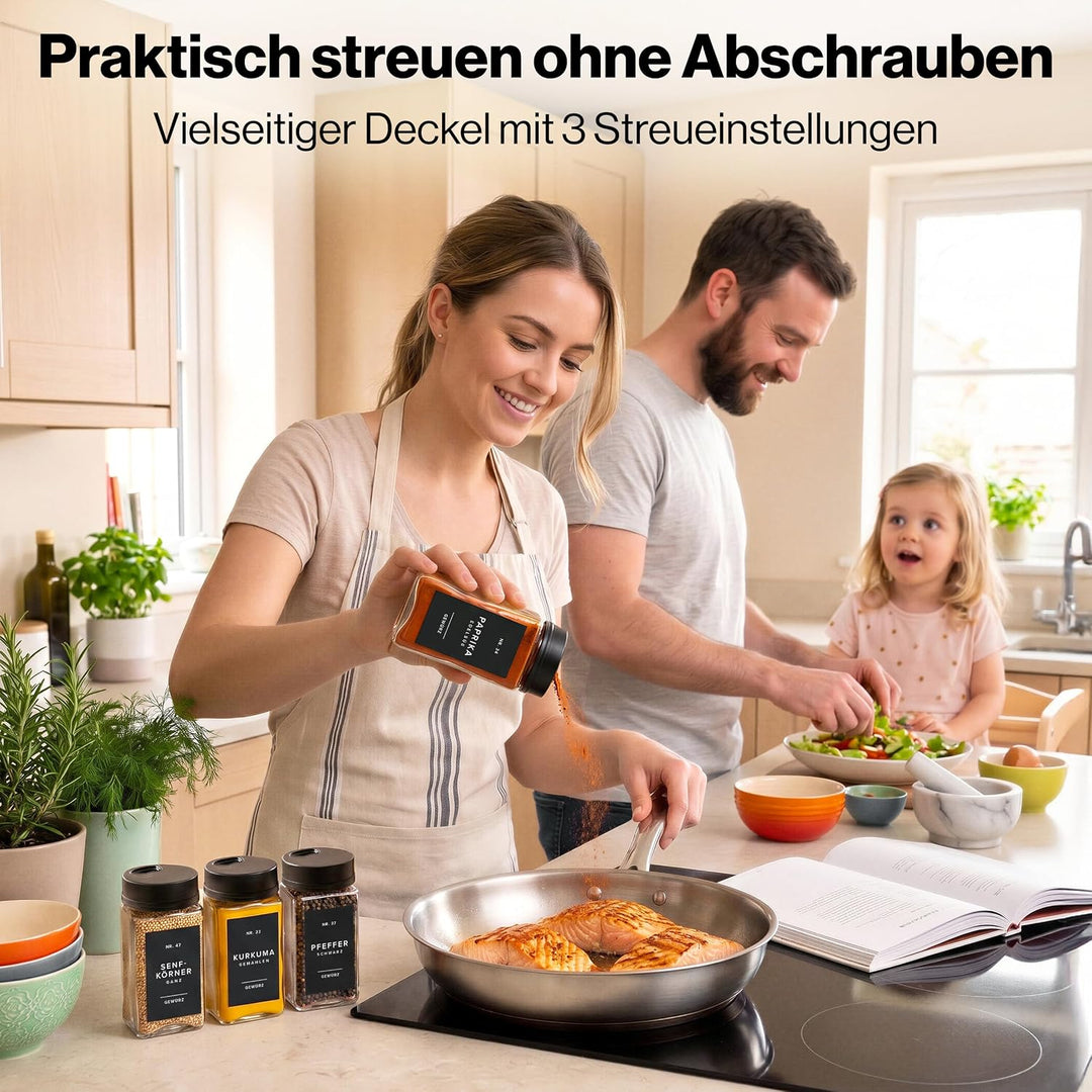 EDELHAUS Gewürzgläser Eckig Set mit Schwarzem Verstellbarerem Deckel (12 x 200 ml) Gewürzstreuer mit