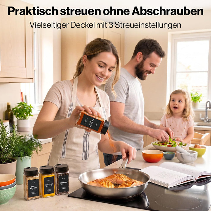 EDELHAUS Gewürzgläser Eckig Set mit Schwarzem Verstellbarerem Deckel (12 x 200 ml) Gewürzstreuer mit