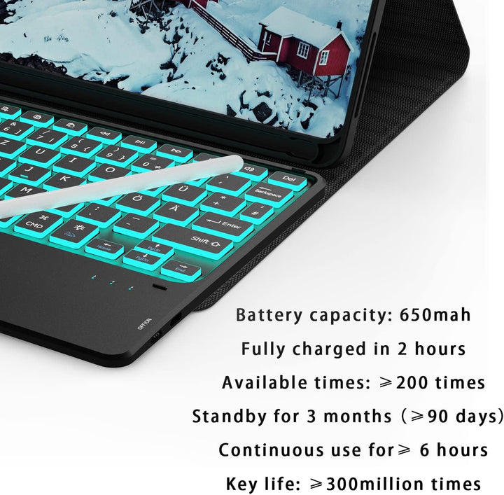 ROOFEI iPad 10. Generation Hülle mit Tastatur QWERTZ - 7 Farbige Hintergrundbeleuchtete Multi-Touch-