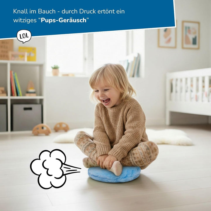 alldoro 60291-3 XXL Plüsch Furzkissen Bibber, Blau, Ø 20,5 cm, Pupskissen mit Sound, Emotionen spiel