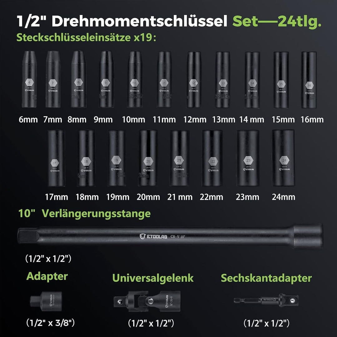 ETOOLAB 24tlg. 1/2" Drehmomentschlüssel Auto, 20-230Nm Steckschlüsselsatz mit 1/2"-3/8" Adapter, Ver