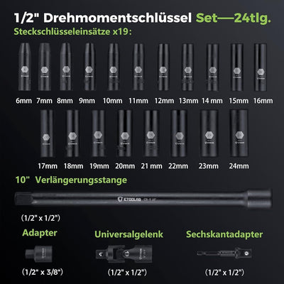 ETOOLAB 24tlg. 1/2" Drehmomentschlüssel Auto, 20-230Nm Steckschlüsselsatz mit 1/2"-3/8" Adapter, Ver