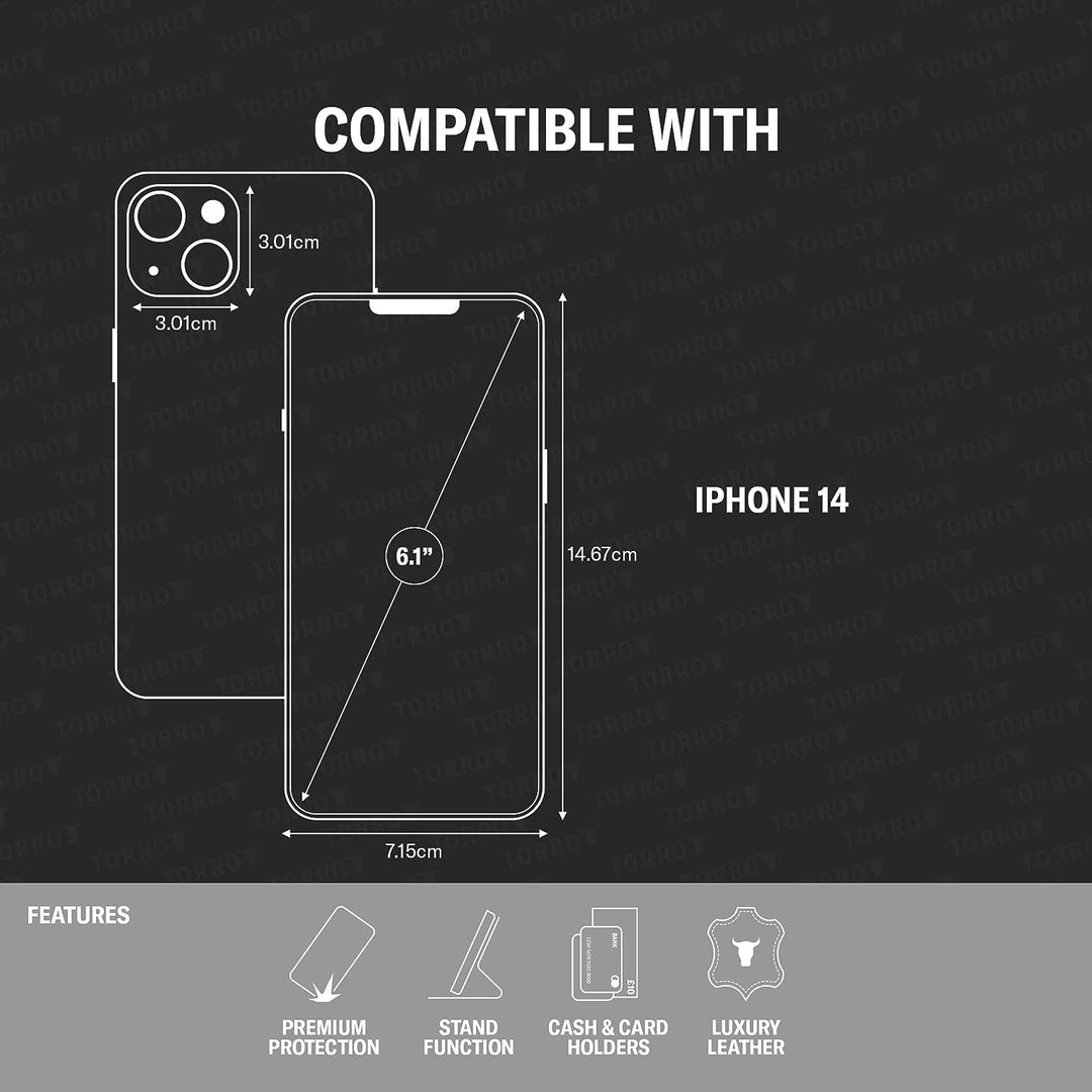 TORRO Handyhülle kompatibel mit iPhone 14 - Echte Lederhülle mit Kartenfächern und horizontaler Stan
