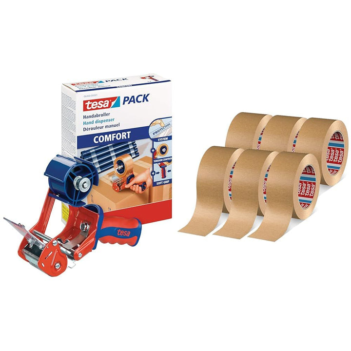 tesa 6400 Packband Handabroller COMFORT & tesapack 4713 Paketband im 6er Pack Bundle mit Paketband,