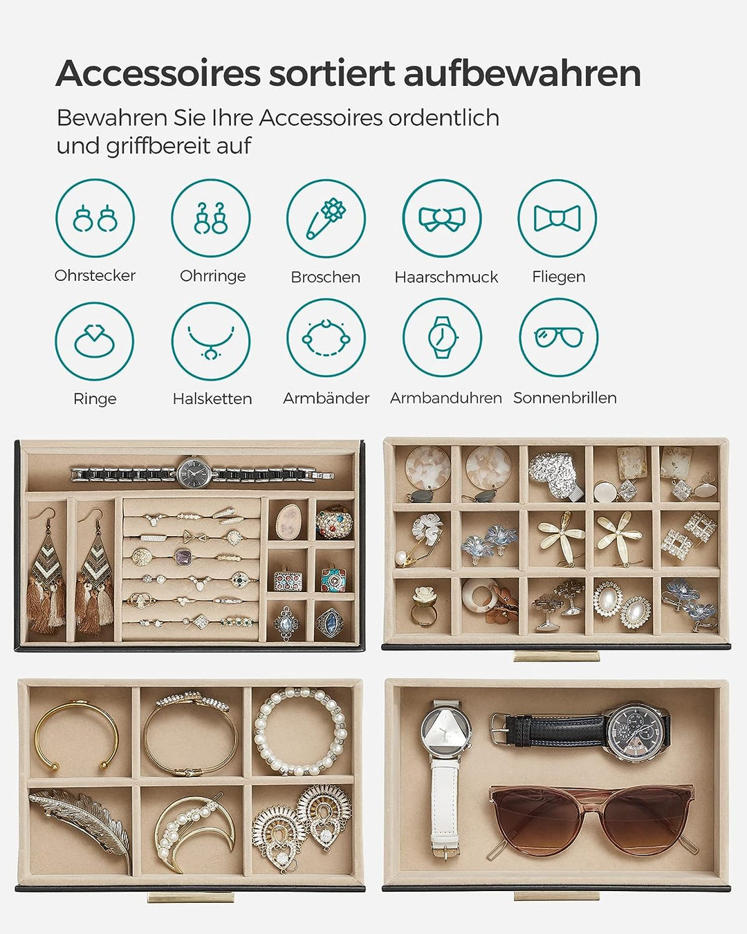 SONGMICS Schmuckkästchen, Schmuckkasten mit 4 Ebenen, Schmuckbox mit Glasdeckel, 3 Schubladen, für S