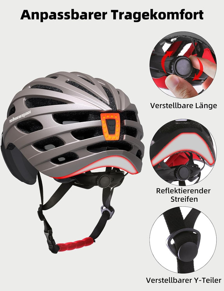 Shinmax Fahrradhelm Herren Damen mit Visier, Magnetischer Abnehmbarer Schutzbrille und USB-Aufladung