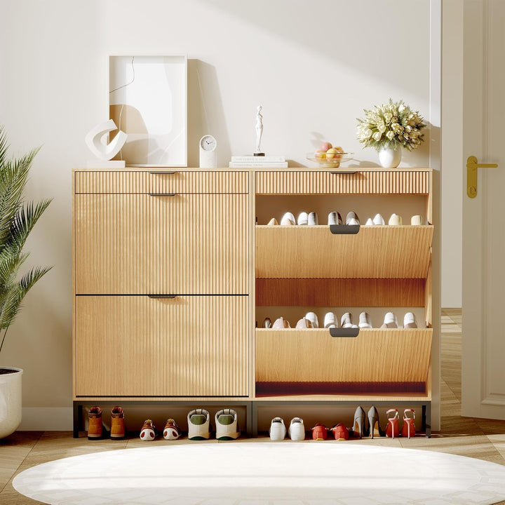 Platzsparender Schuhschrank schmal mit 2 Klappfächern &amp; Schublade – modernes Fluted-Design – freiste