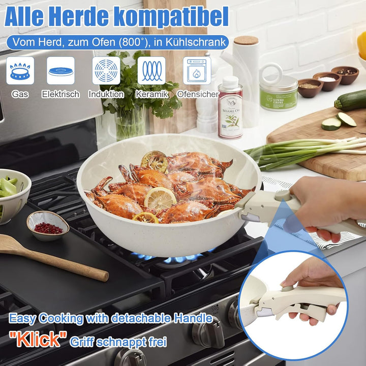 GFTIME Topfsets Pfannenset 17-teilig Antihaft-Keramikbeschichtung mit Abnehmbaren Griffen, Für Alle