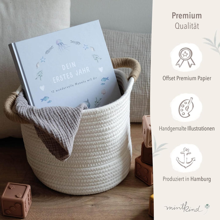 mintkind® Babyalbum "Mein erstes Lebensjahr" Wal + Sticker Set I Baby Fotoalbum zum Selbstgestalten