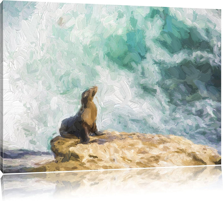 Pixxprint süsse Robbe sonnt Sich Kunst Pinsel Effekt, Format: 100x70 auf Leinwand, 100x70