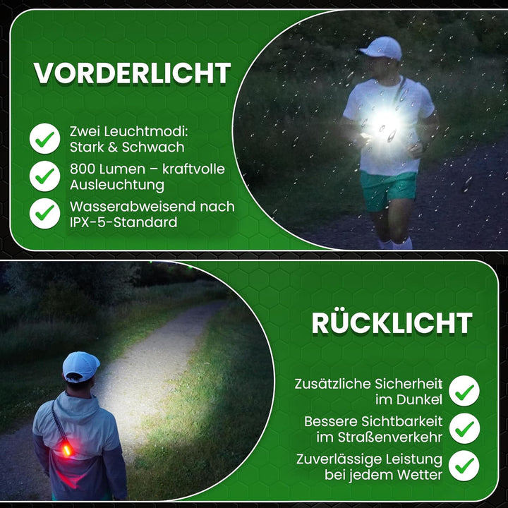 LUMEFIT Lauflicht mit Reflektoren, ideal zum Joggen und Laufen, mit 500 Lumen FrontTaschenlampe, 90°