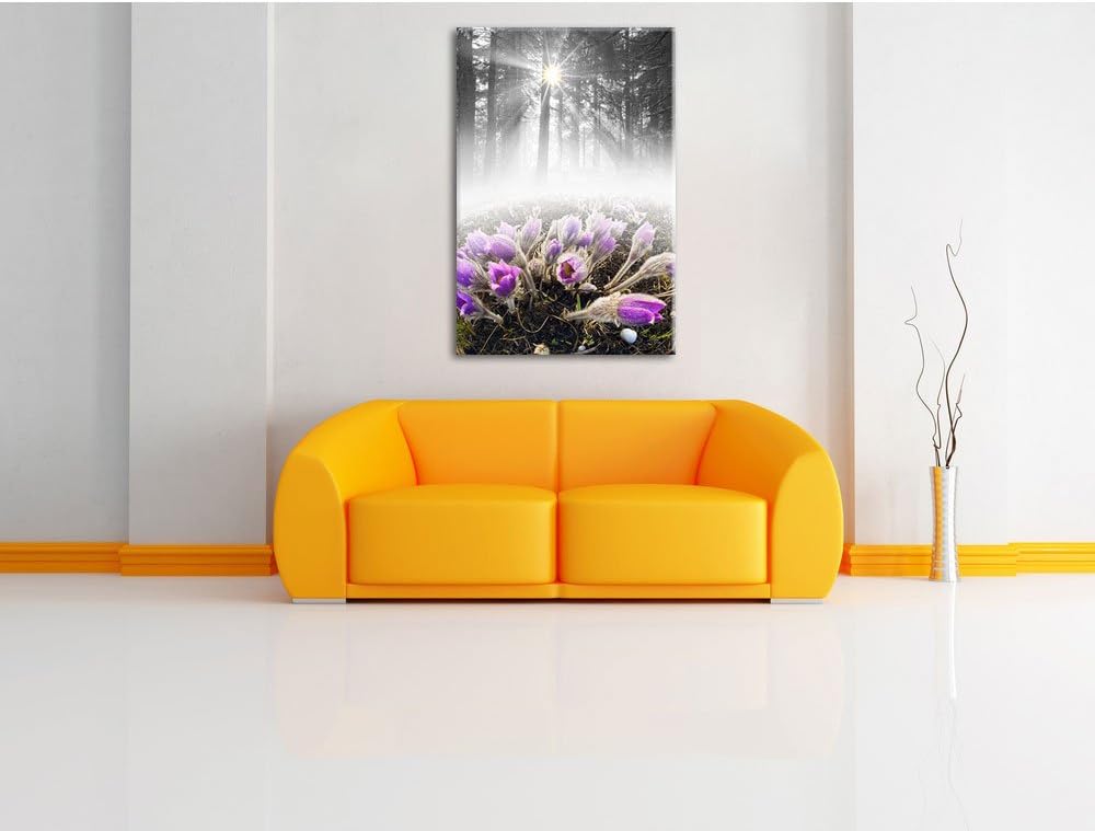 Pixxprint blühende lila Blumen im Wald B&W Detail, Format: 100x70 auf Leinwand, 100x70