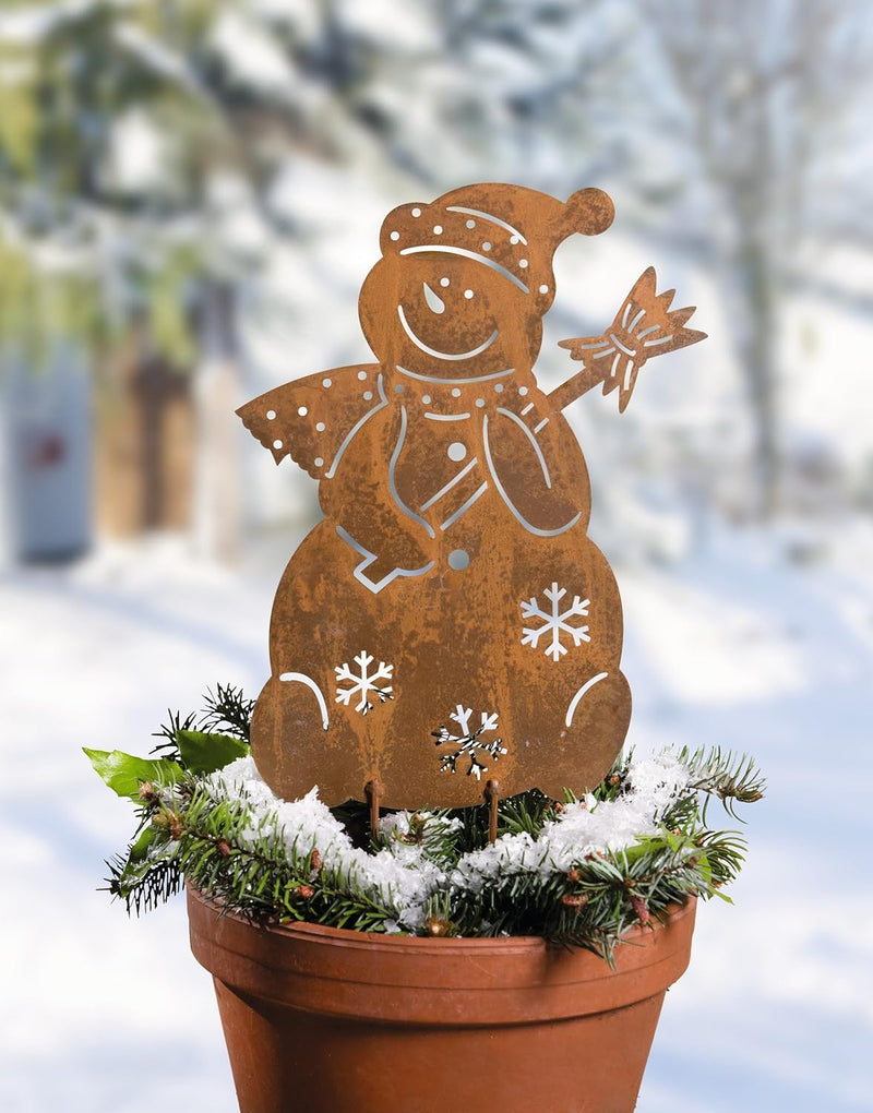 Dekoleidenschaft Gartenstecker Schneemann aus Metall in Rost-Optik, Winterdeko, Garten-Deko, Dekoste