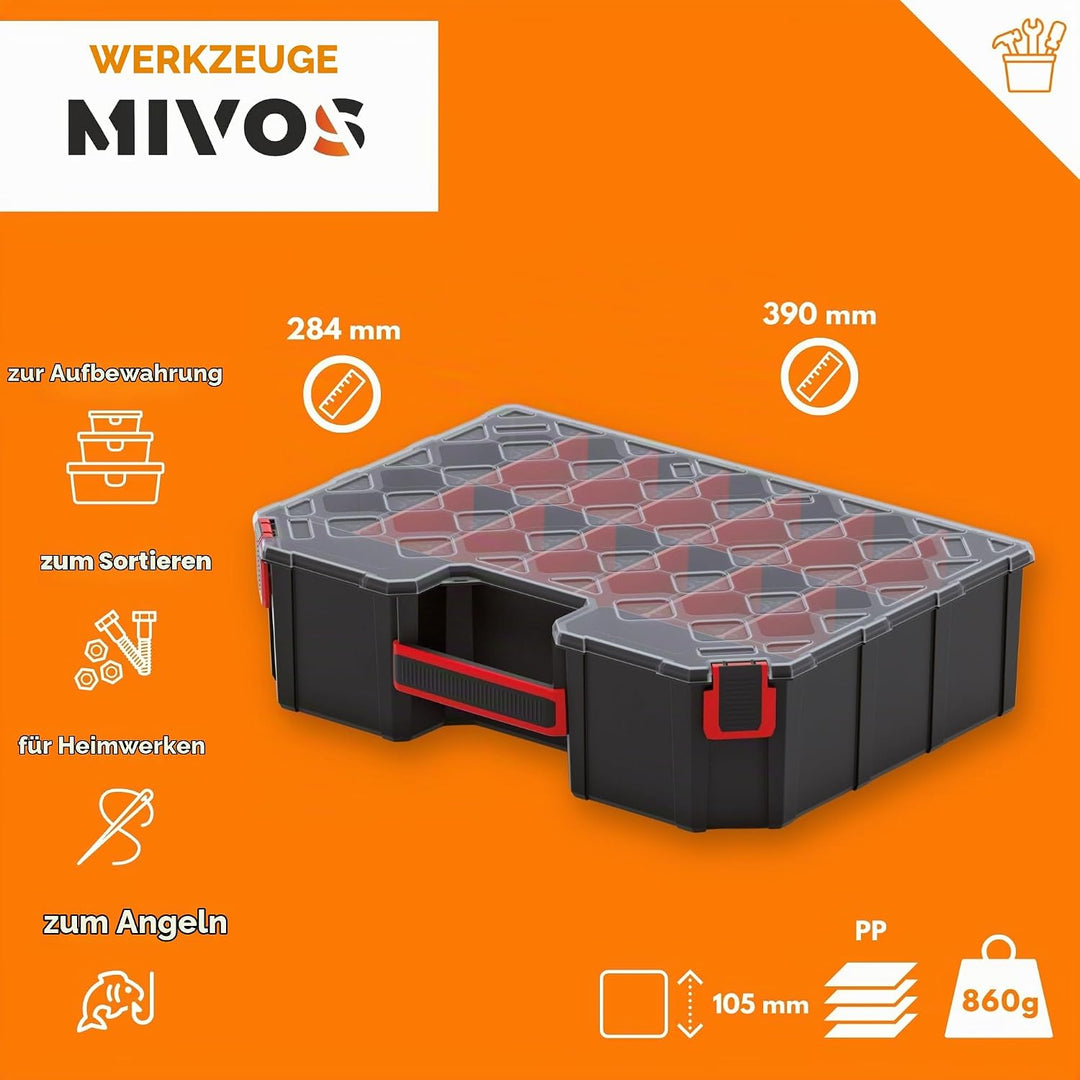 Mivos Sortimentskasten 390 x 284 x 105 mm - Sortierkasten mit 16 Verstellbare Fächer - Schraubenbox