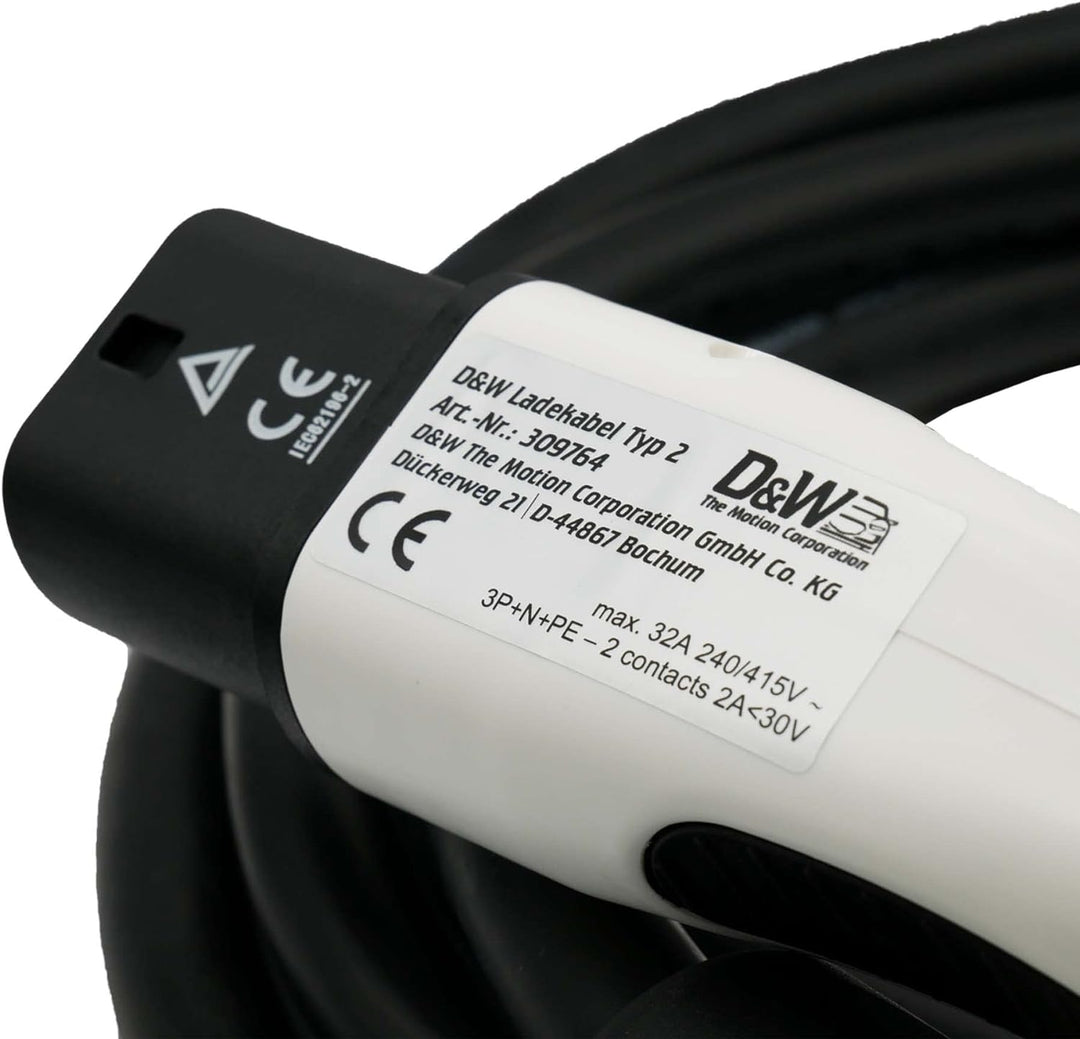 DuW Ladekabel Typ 2 | 22kW 3-phasig 32A | 5 Meter | Ladekabel für Elektrofahrzeuge und Plugin-Hybrid