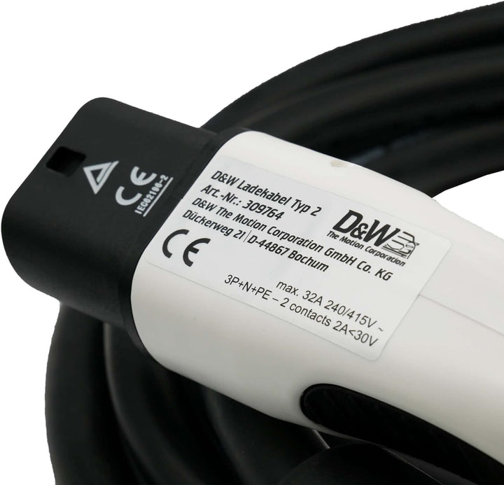 DuW Ladekabel Typ 2 | 22kW 3-phasig 32A | 5 Meter | Ladekabel für Elektrofahrzeuge und Plugin-Hybrid