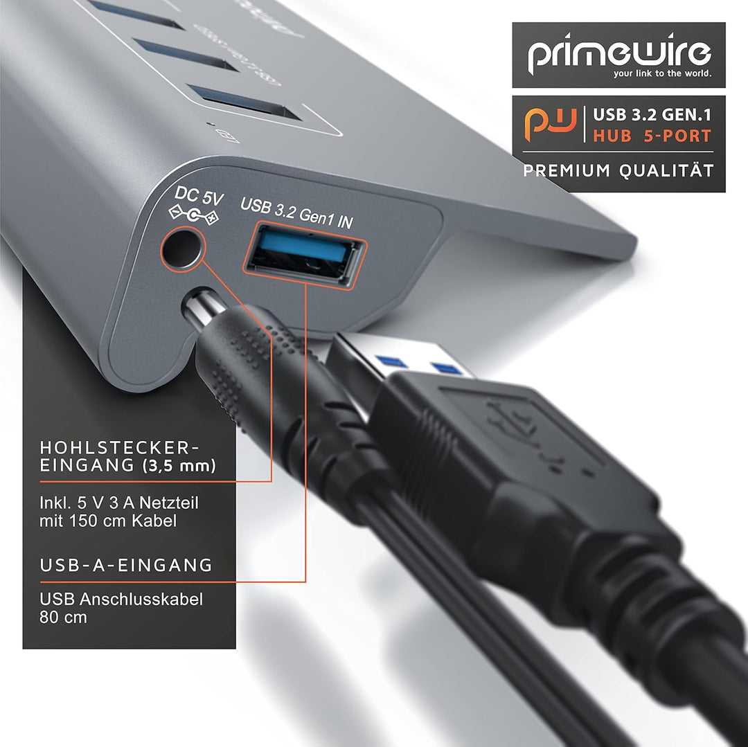 CSL - 5 Port USB 3.2 Hub Aktiv mit Netzteil und USB Kabel - USB 3.0 USB 3.2 Gen.1 Datenhub für MacBo