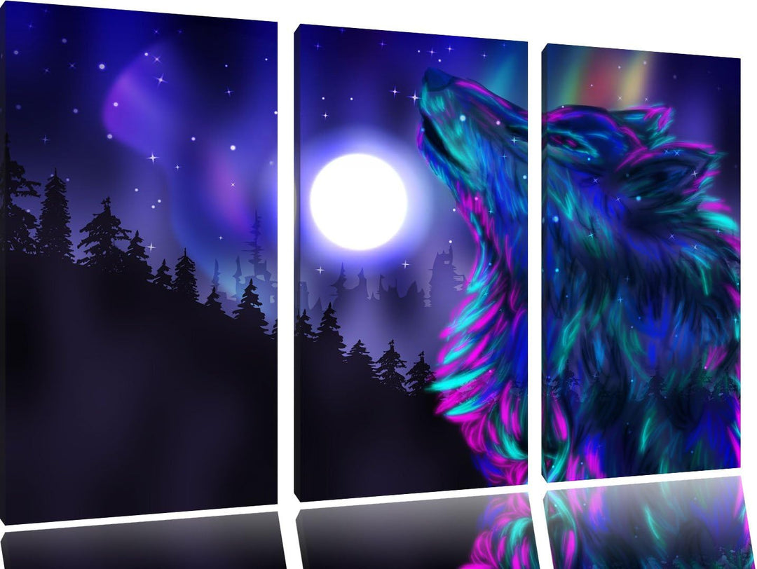 Abstrakter Wolf mit Mond als 3-Teiler Leinwandbild 120x80 Bild auf Leinwand, XXL riesige Bilder fert