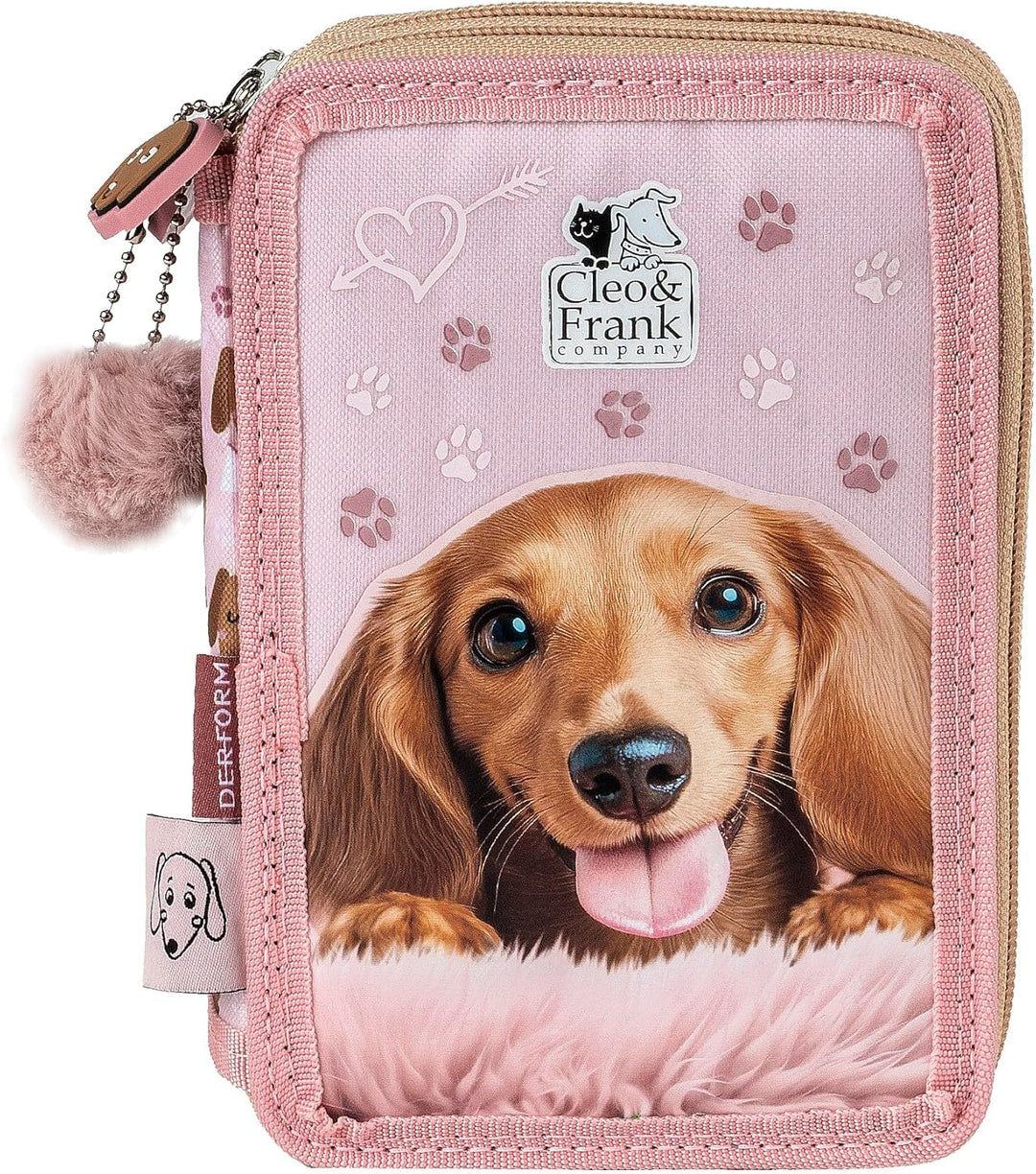 Hund Welpen Hündchen, 2-Fach Federtasche Federmappe, 27 tlg. gefüllt für Kinder Jungen Mädchen, rosa