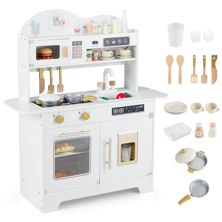 COSTWAY Kinderküche, Spielküche Holz mit 17 Zubehörteilen, Spielzeugküche mit Backofen, Eismaschine,