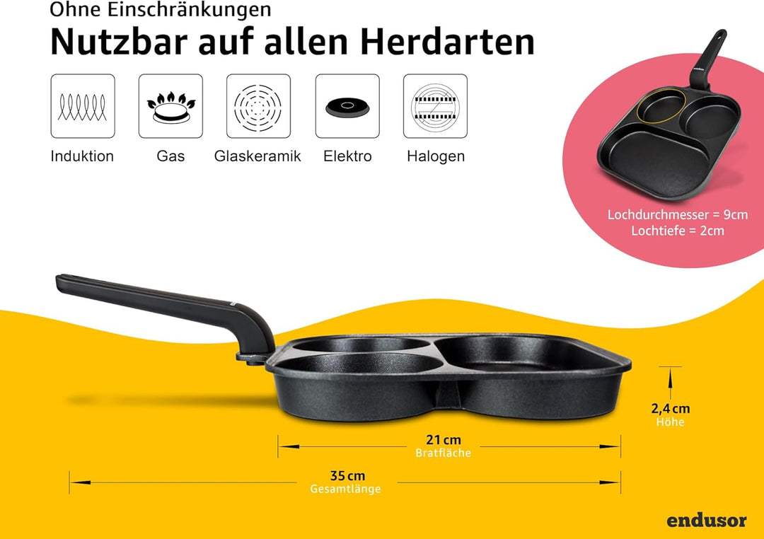 Spiegeleipfanne (21cm) - Frühstückspfanne dreigeteilt mit Antihaft-Beschichtung für [ Induktion Gas