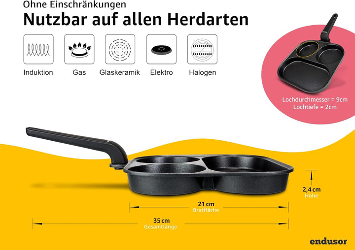 Spiegeleipfanne (21cm) - Frühstückspfanne dreigeteilt mit Antihaft-Beschichtung für [ Induktion Gas