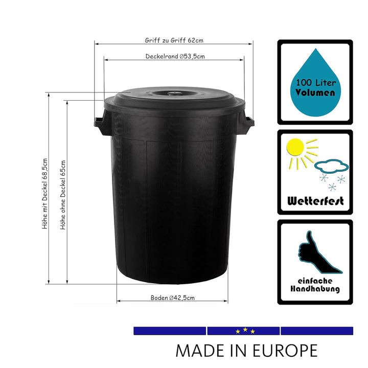 Universaltonne 100 Liter Deckel 2 Tragegriffen Allzweck Tonne Schwarz (100 Liter Tonne mit