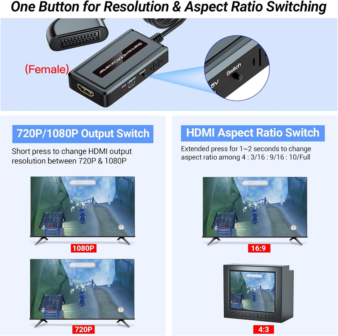 Weiblich Scart auf HDMI Konverter, Unterstützt 4: 3/16: 9/16: 10/Voll Seitenverhältnis und 720p/1080