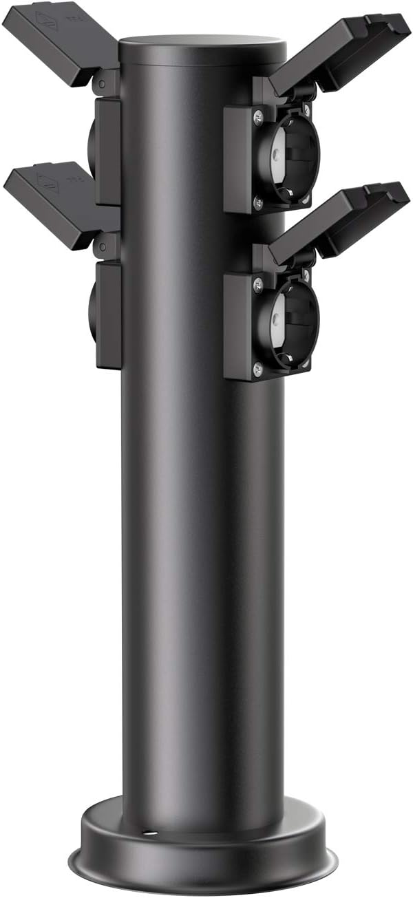 ledscom.de Garten-Steckdosen-Säule PORU mit Erdspiess für aussen, 4-Fach, Edelstahl, schwarz, rund,