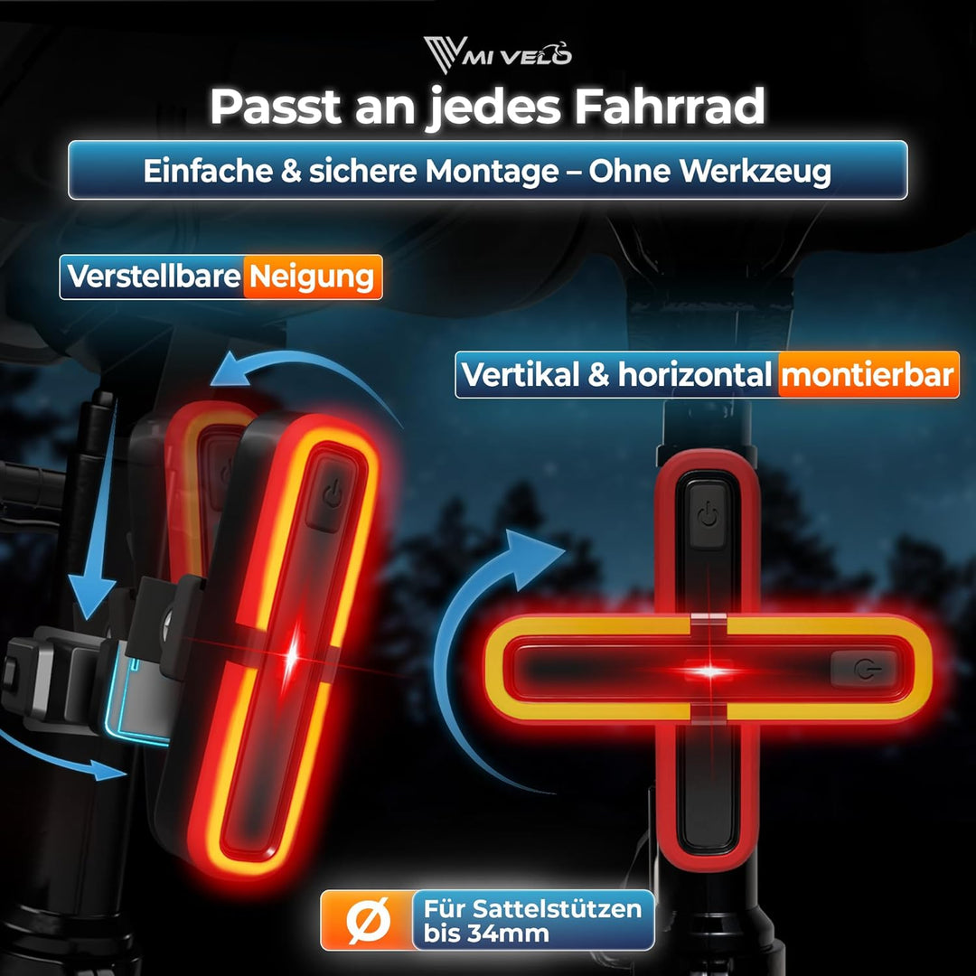 MIVELO Fahrradlicht Set mit Bremsanzeige - Fahrradlampe LED StVZO, IPX5 wasserdicht - Fahrradbeleuch