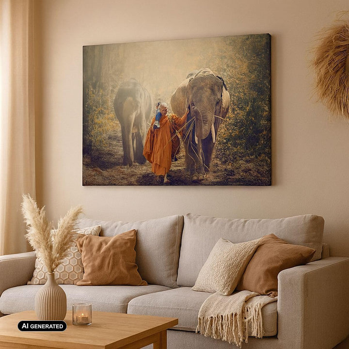 Bilder auf Leinwand 100x70cm Leinwandbild Elefant Mönch Dschungel Gross Wanddeko Bild Schlafzimmer K