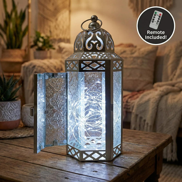 Dekorativer Kerzen-Laternenhalter mit LED-Lichterketten, Weissgold, Medium | Hochzeitstischdekoratio