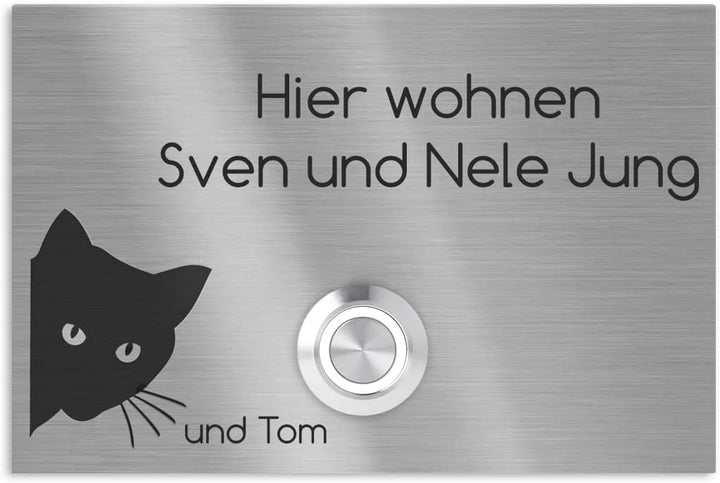 Jung-Edelstahl-Design V2A Edelstahl Türklingel London1 Motiv Katze. Klingelschild mit Gravur 12x8 cm