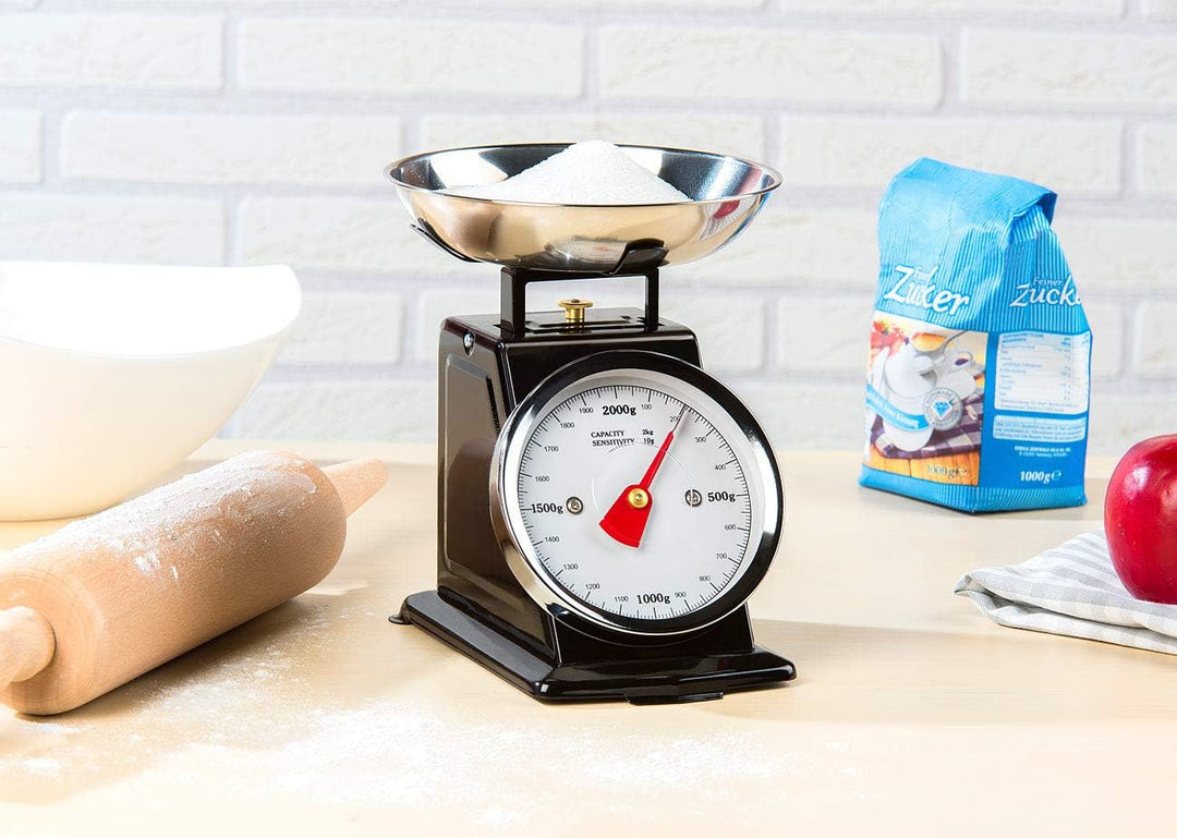 Rosenstein & Söhne Küchenwaage mechanisch: Analoge Retro-Küchenwaage bis 2 kg mit Tara-Funktion, sch