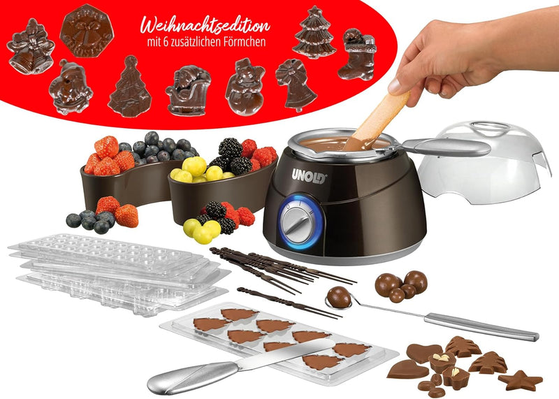 Unold 48967 Chocolatier Sparset Schokobrunnen Schokofondue Inkl. 12 Giessformen mit Weihnachtsmotive