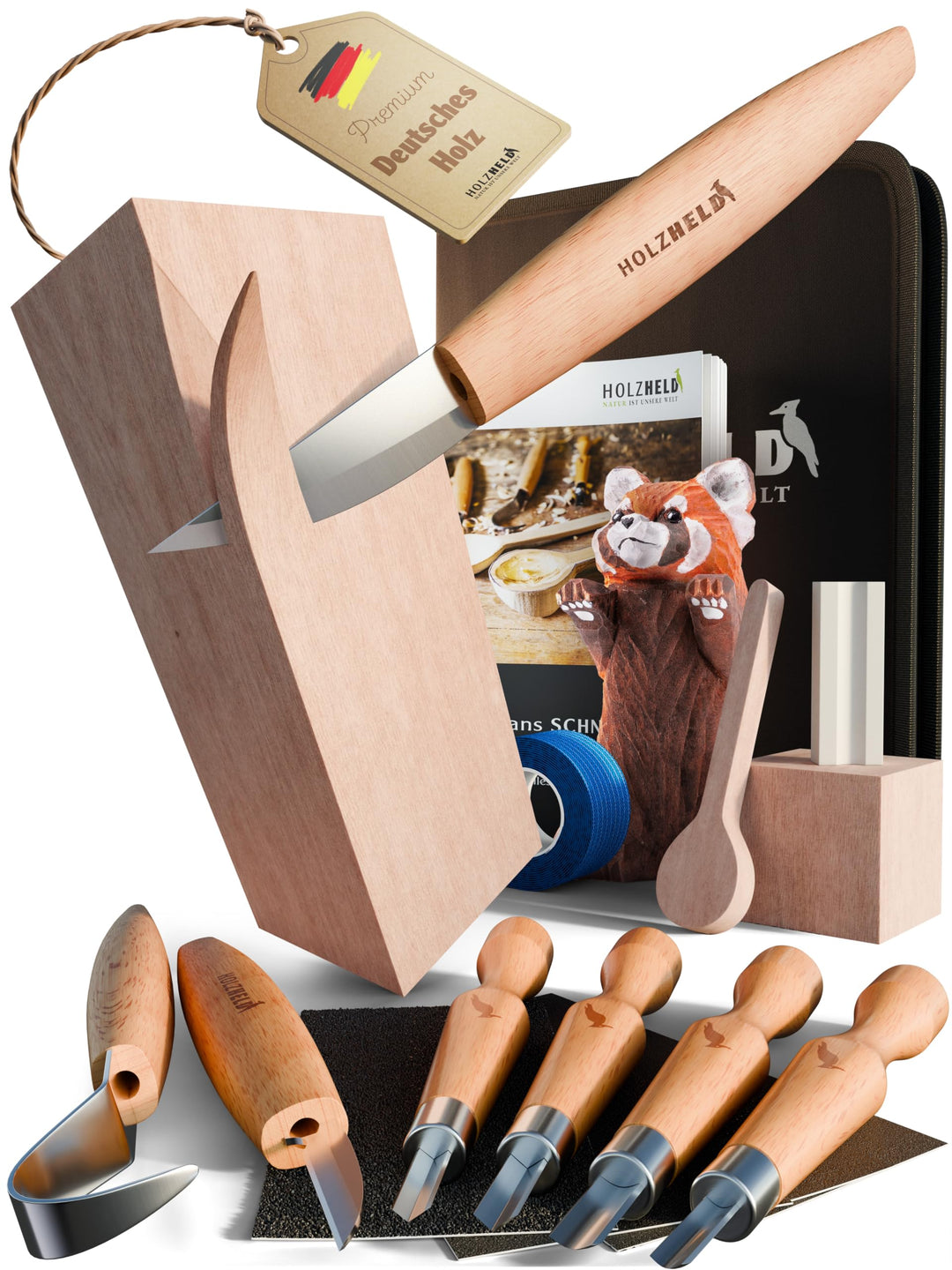 HOLZHELD hochwertiges Schnitzwerkzeug (24 teil.) inkl. 32 S. Anleitung 4 Vorlagen u dt. Schnitzholz