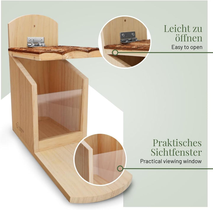 WILDLIFE HOME Eichhörnchen Futterhaus stabil aus Massivholz mit Rindendach - Wetterfest, Eichhörnche