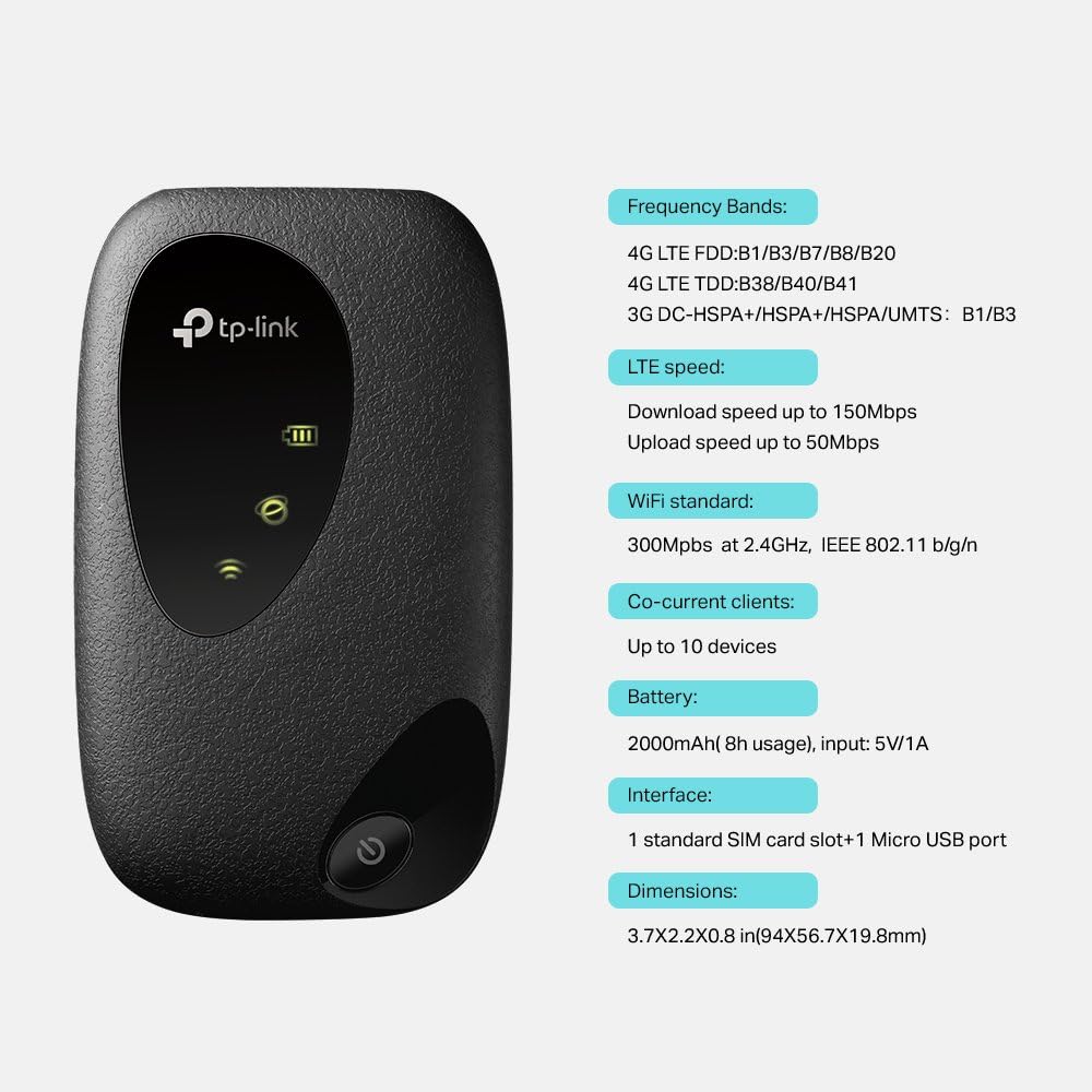 TP-Link M7200 mobiler WLAN Router (4G/LTE bis zu 150Mbit/s Download/ 50Mbit/s Upload, Hotspot, 2000m