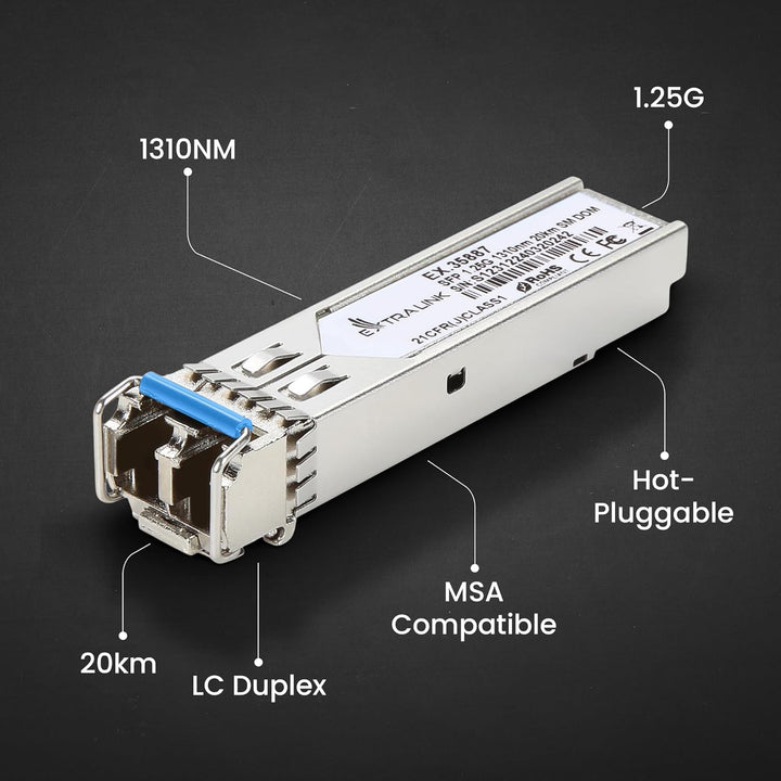 Extralink SFP Modul 1.25G LC Duplex Singlemode 1310 nm 20KM MSA-kompatibel – Für Cisco, Ubiquiti Uni