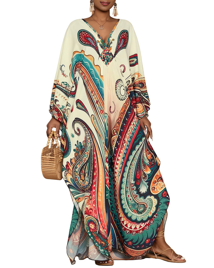 Bsubseach Damen Kaftan Kleider Batwing Sleeve Strandkleid V-Ausschnitt Caftan Maxi Kleid Sommer A-be